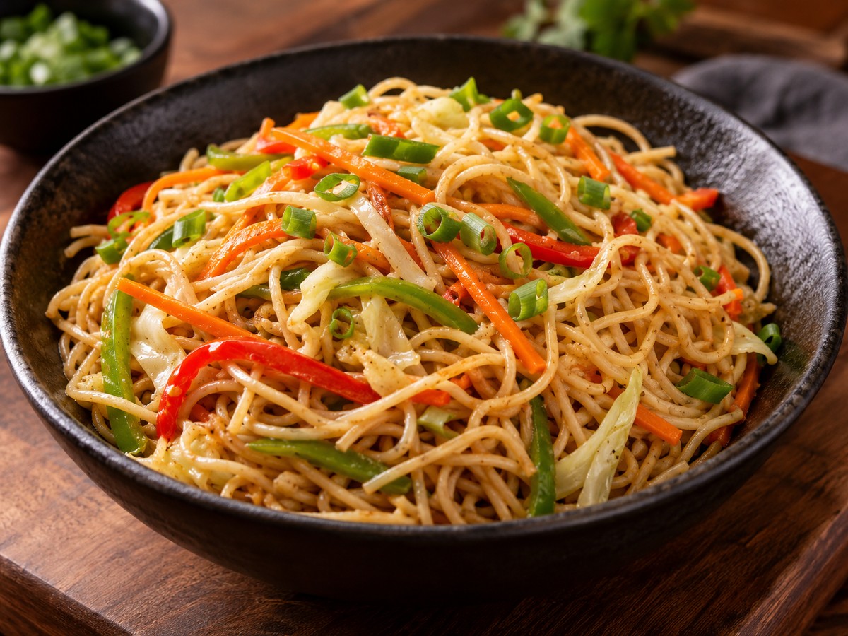 Veg Hakka Noodles plated food photograph